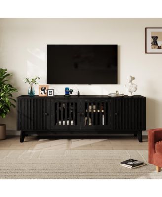 63" TV Stand with Power Outlet, 4-Door Grille Media Console with Adjustable Shelf, Entertainment Center with Round Handles