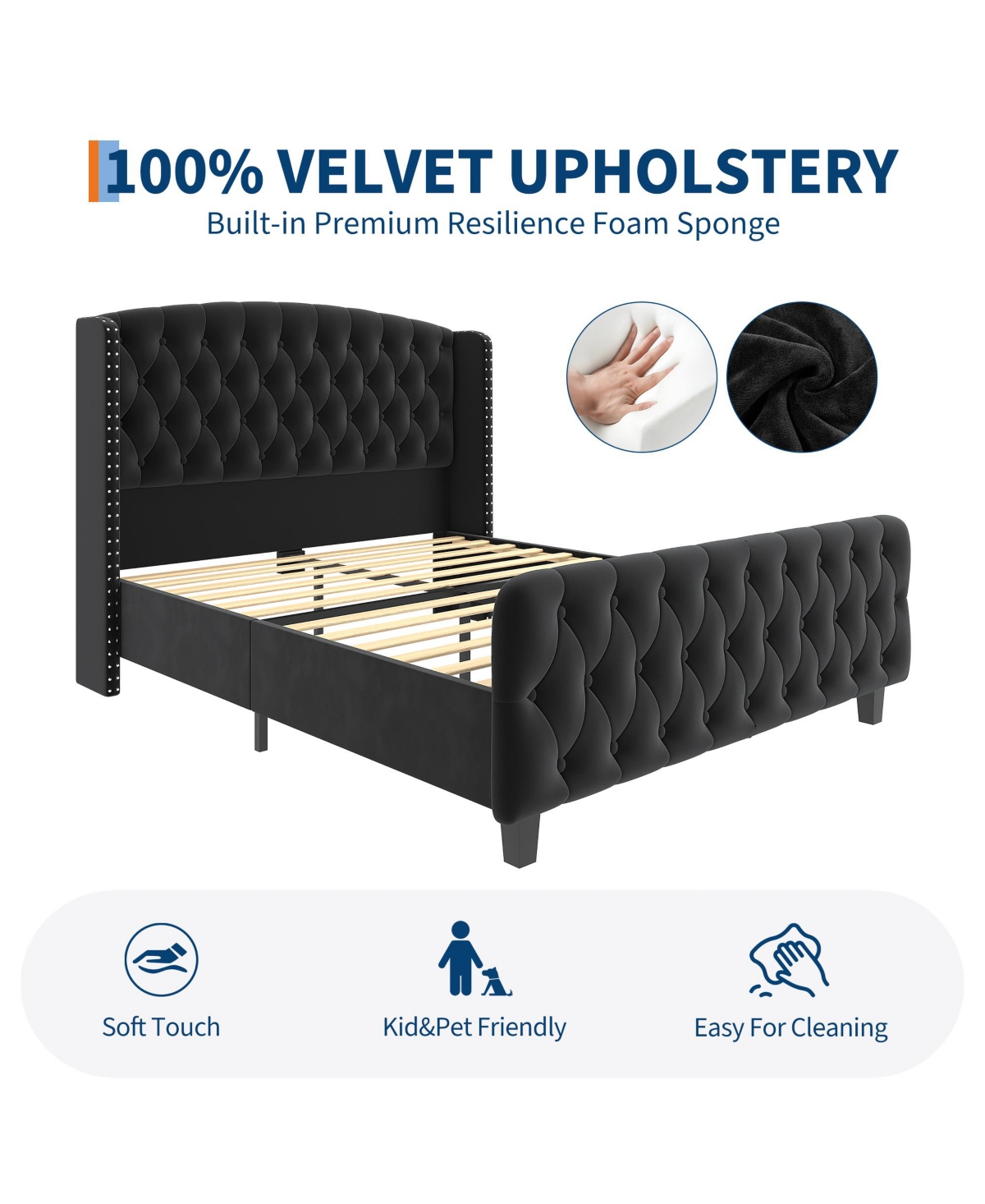 homfan Modern 51 Inch Tall Button Tufted Wingback Headboard, Queen Upholstered Platform Bed Frame, Sturdy Wood Slat Support, No Box Spring Needed