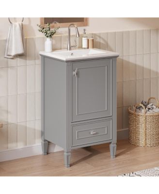 20 Inch Retro Bathroom Vanity with Ceramic Sink, Solid Wood Legs, Soft Close Door and Bottom Drawer Storage