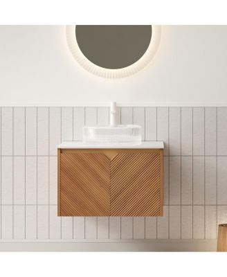 Floating Bathroom Vanity with Glass Vessel Sink, Carrara Sintered Stone Top, Solid Wood Door, Twill Metal Trim
