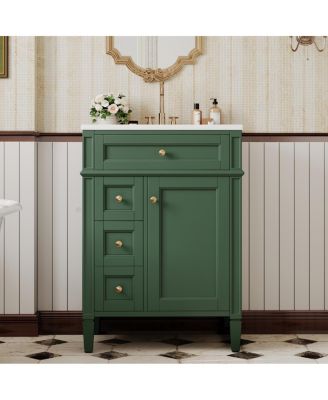 24" French Bathroom Vanity with Ceramic Sink, Modern Freestanding Cabinet, Soft Close Storage Drawers, Adjustable Shelf