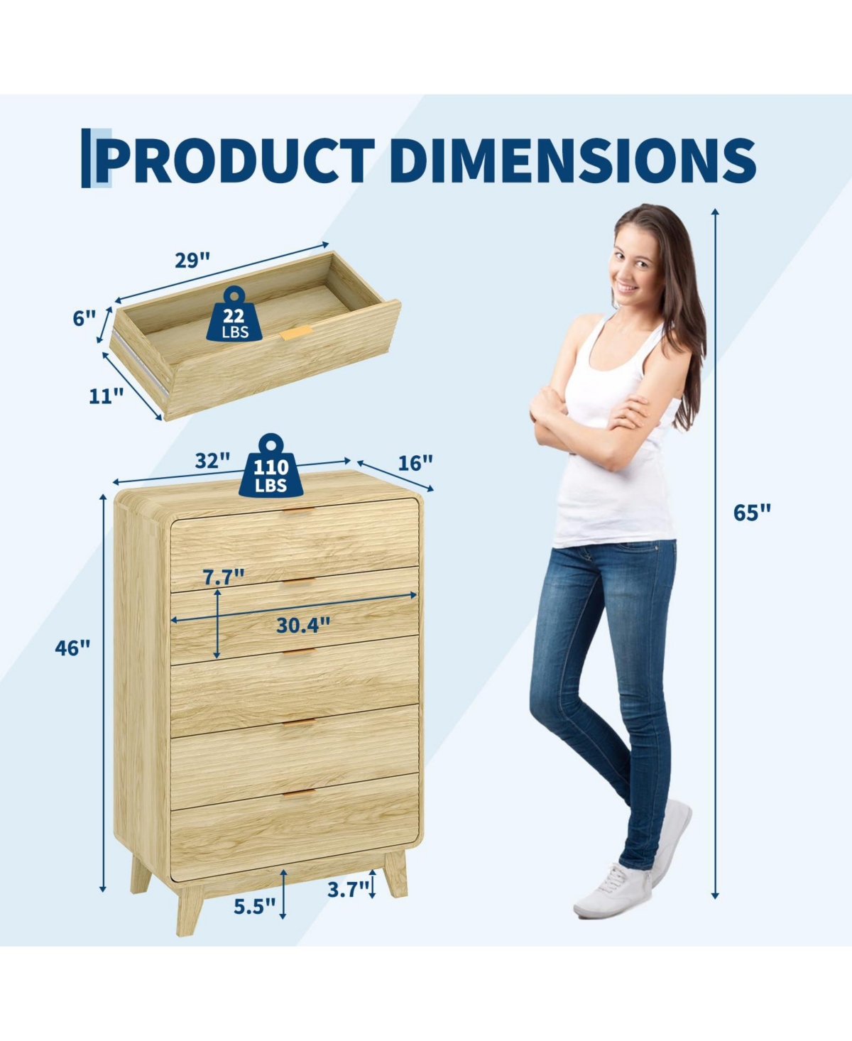 homfan Fluted 5 Drawer Dresser, Tall Wooden Dresser with Metal Handles, Curved Design, Modern Storage Cabinet for Living Room, Bedroom, Entryway