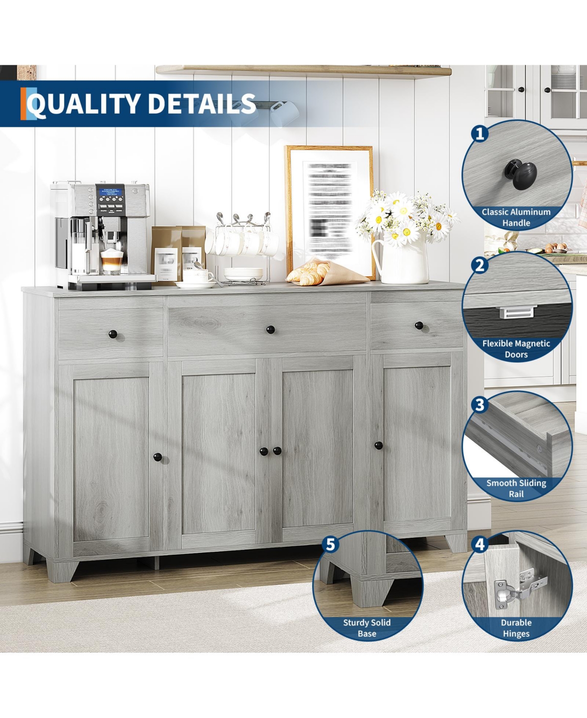 homfan 55 Inch Large Sideboard Buffet Cabinet with 3 Drawers and Doors, Farmhouse Storage Console Table Coffee Bar with Adjustable Shelf