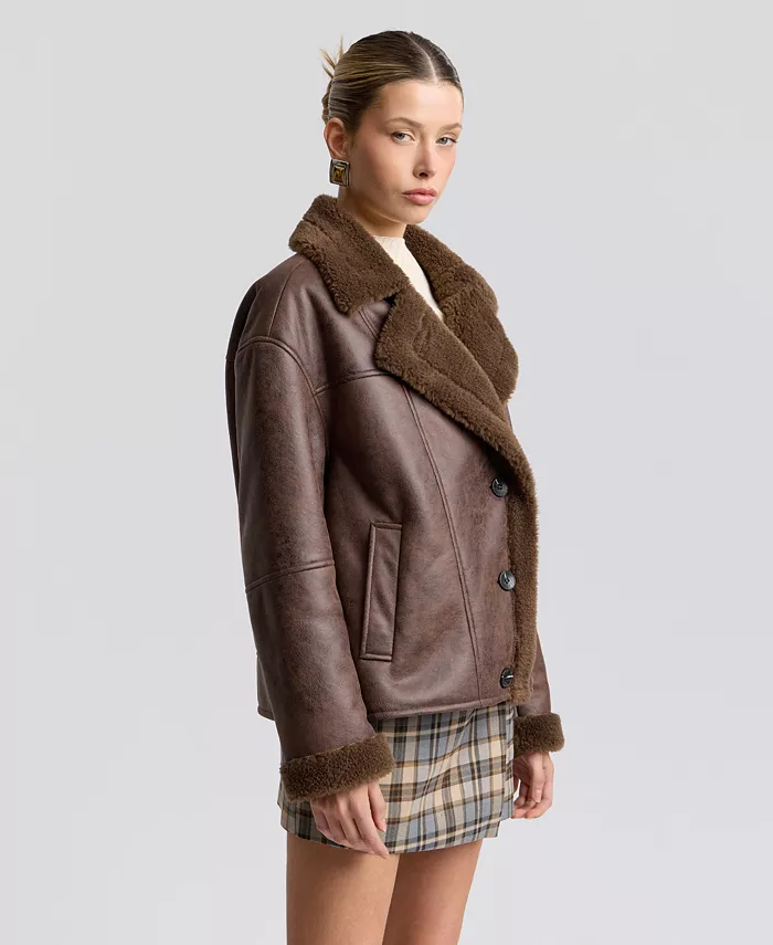 Women's Collared Faux Shearling Coat - thumbnail 4