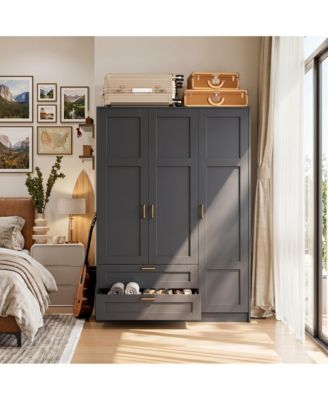 Modern Wooden Wardrobe Closet with 3 Doors, 2 Drawers and Multiple Shelves, Spacious Bedroom Armoire for Clothing Storage, Freestanding Design