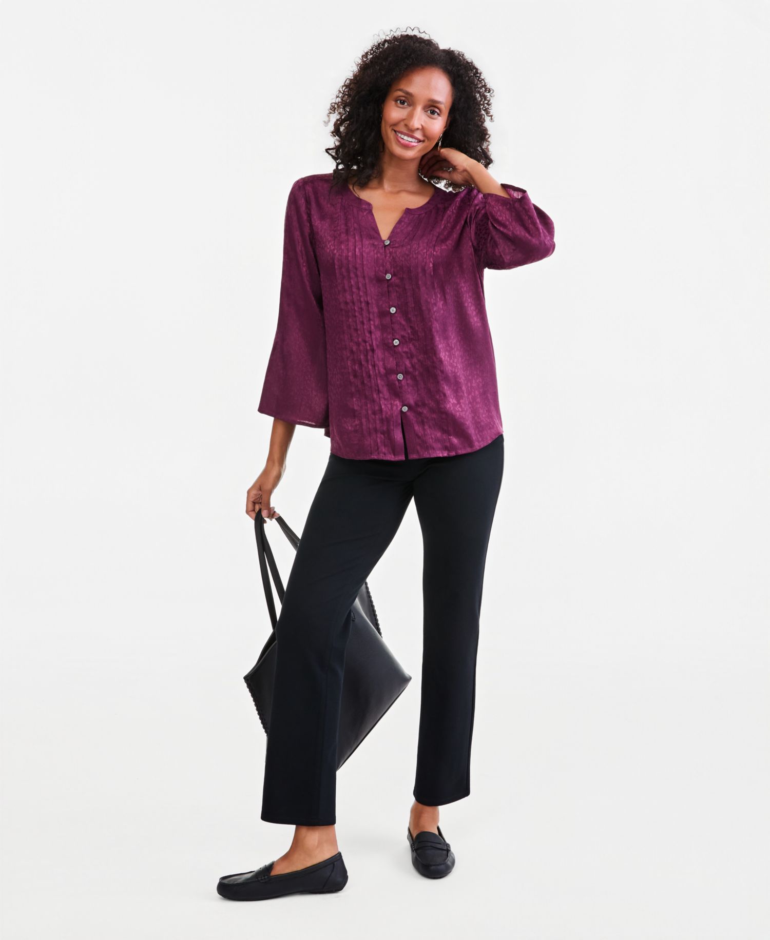 Petite Satin Bell-Sleeve Pintuck Blouse