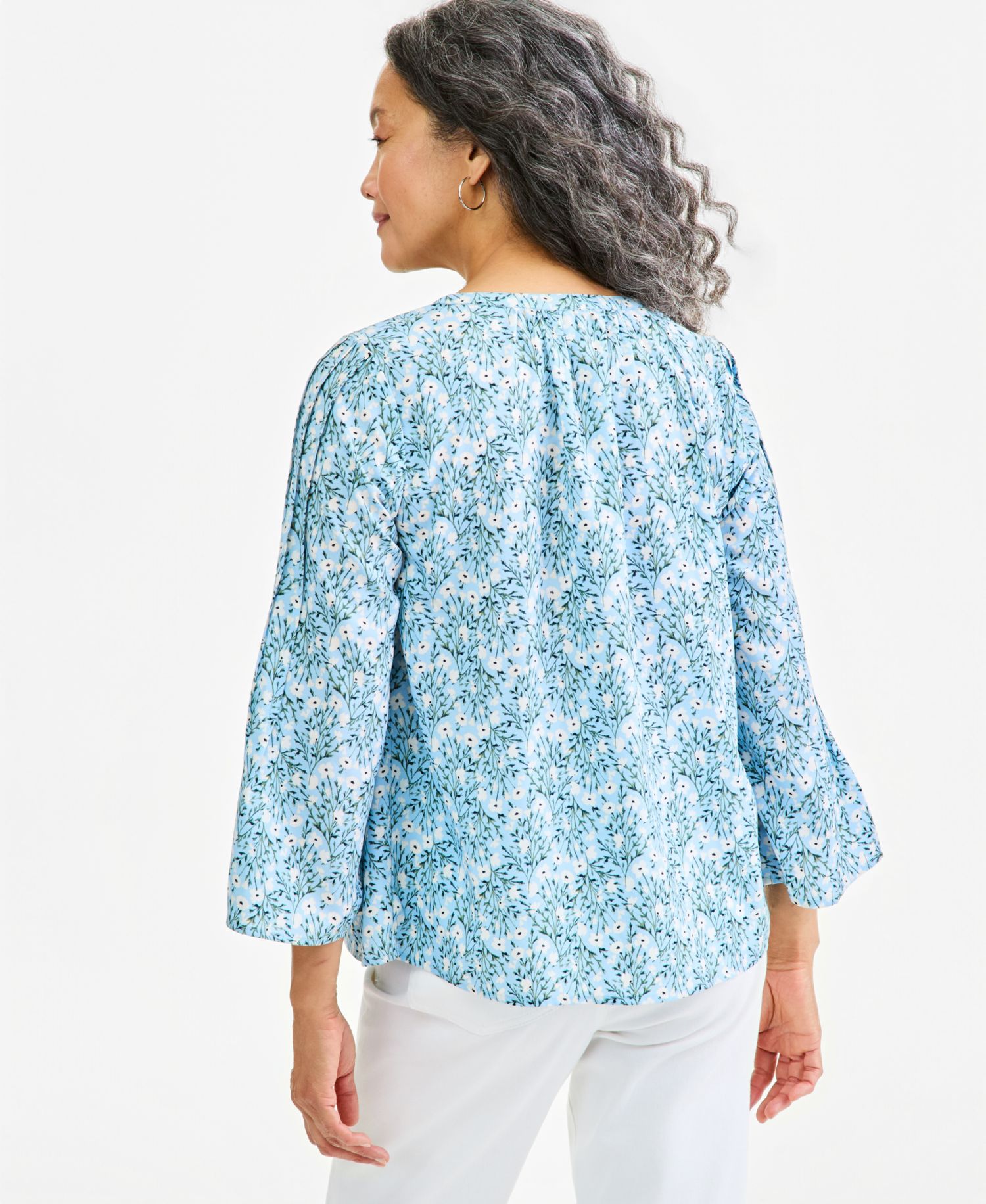 Plus Printed Bell-Sleeve Pintuck Blouse