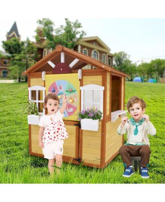 Outdoor Playhouse for Kids - Wooden Cottage with Working Doors Windows, Pretend Play House for Age 3-8 Years