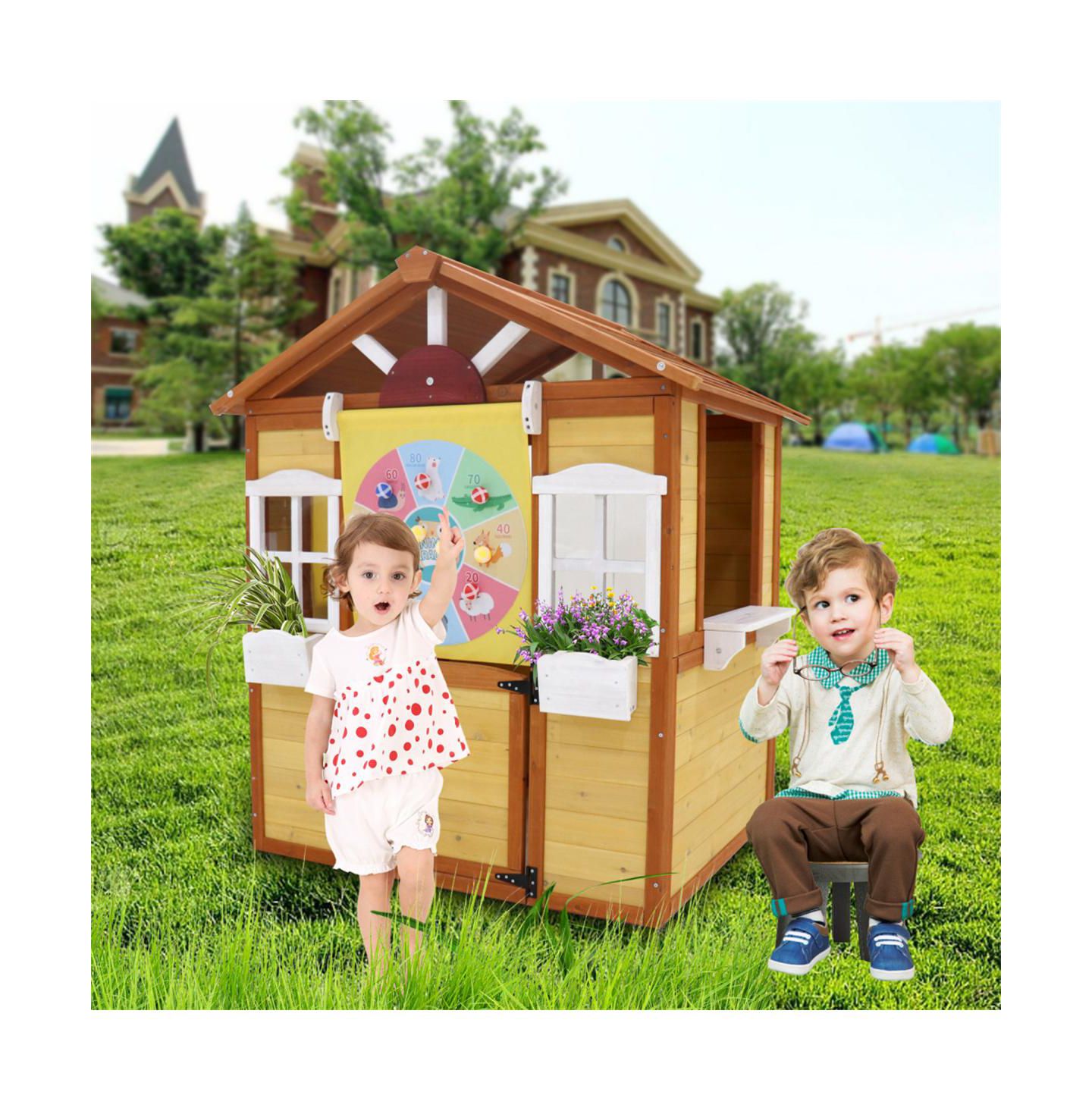 Детская игрушка YOBTOP Wooden Outdoor Cottage Playhouse with Working Doors and Windows, Ages 3-8 — фото 1