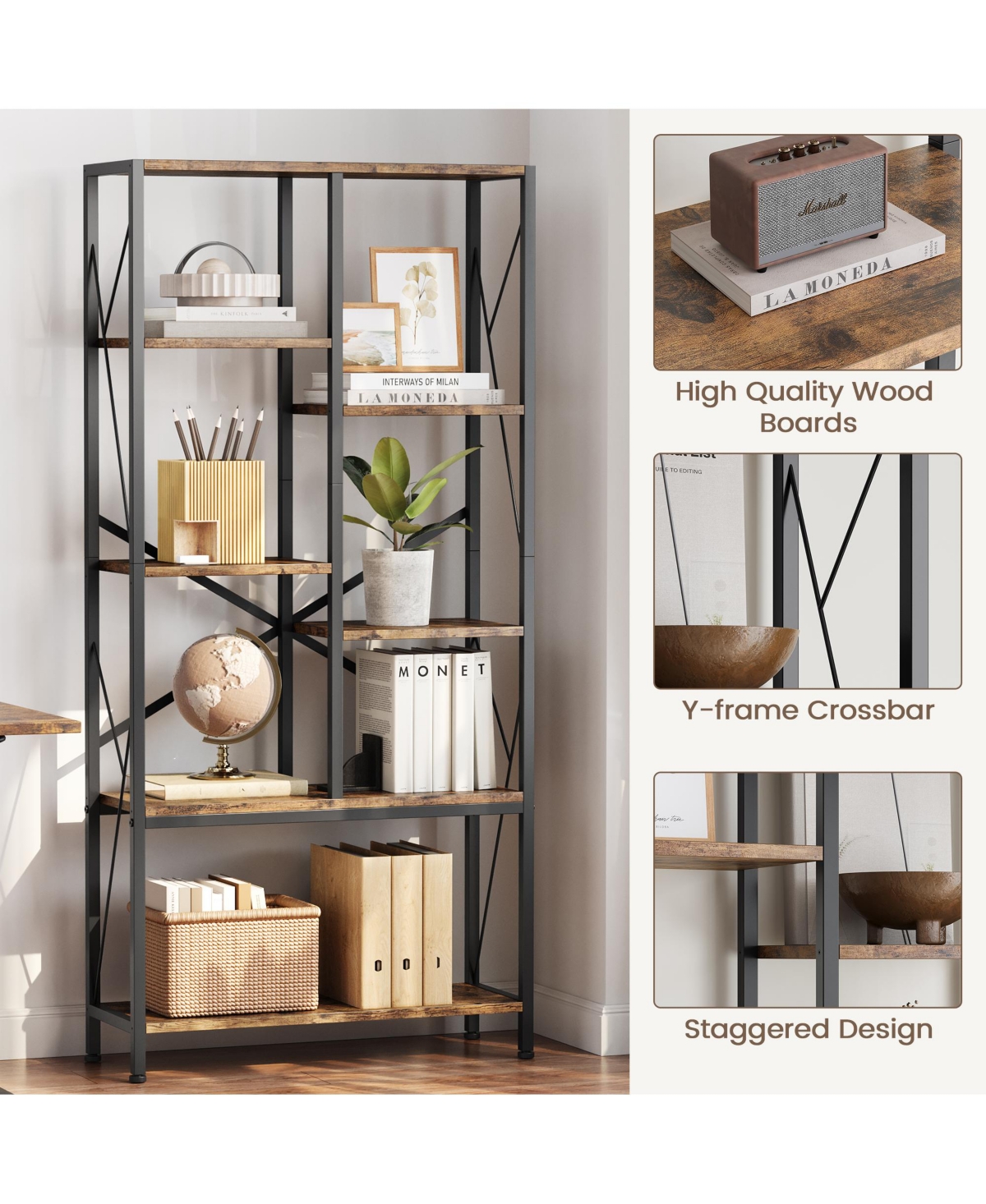 Industrial 5-Tier Bookshelf - Rustic Wood and Metal Bookcase with Spacious Open Shelves, Farmhouse Standing Storage Rack for Living Room, Bedroom