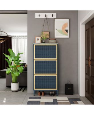 Rattan Shoe Cabinet, Freestanding Shoe Rack with 3 Flip Drawers and Metal Legs, Shoe Storage Organizer for Entrance, Entryway and Hallway