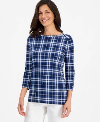 Petite Dani Plaid 3/4-Sleeve Boatneck Pima Cotton T-Shirt