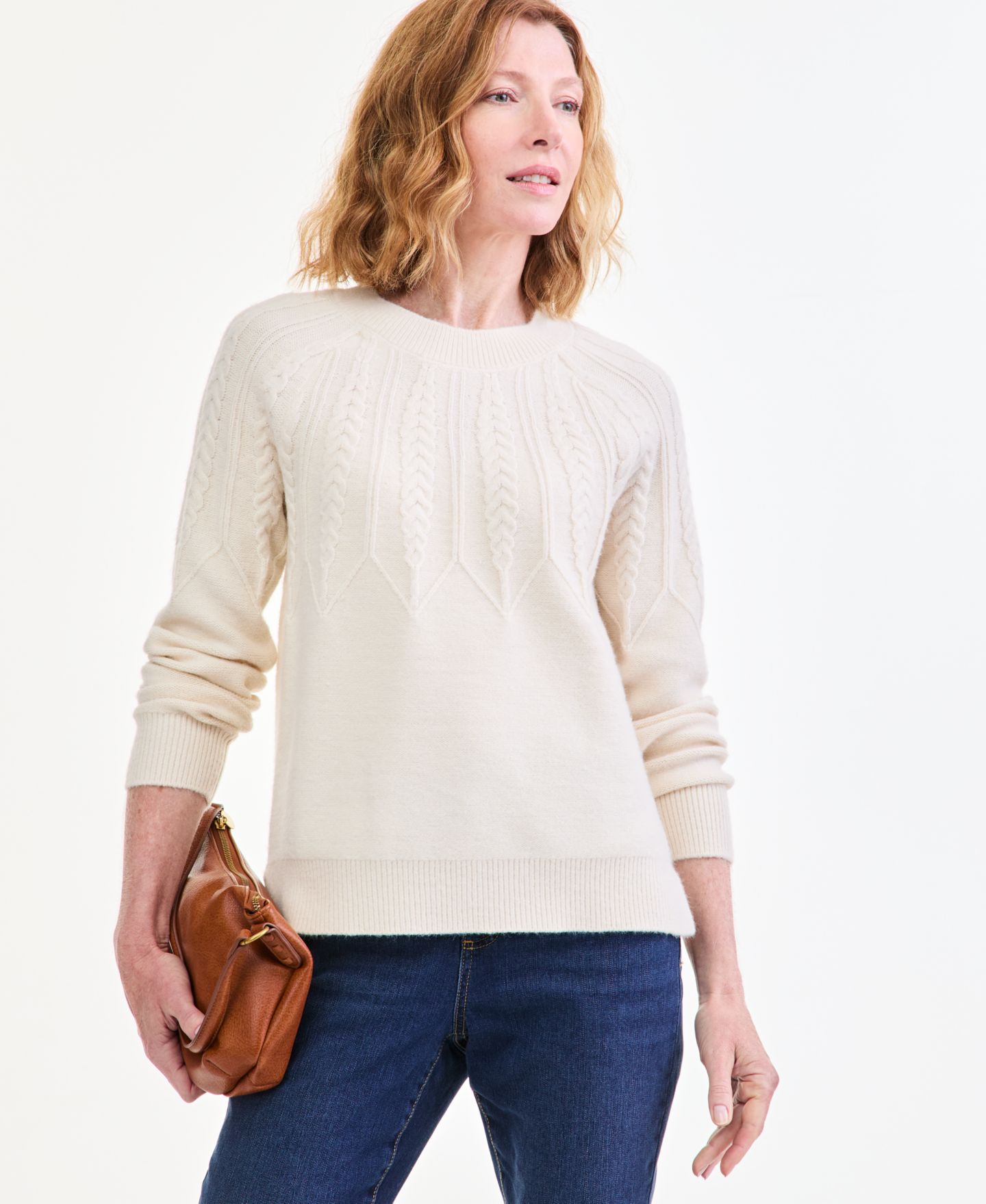 Женский свитер Style & Co Petite Relaxed-Fit Parachute Cable Crew, цвет: Palomino — фото 1