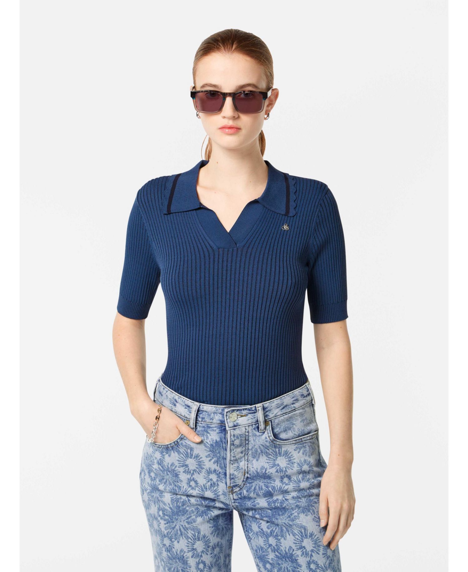 Women's Rib Polo Neck Short Sleeve Pullover