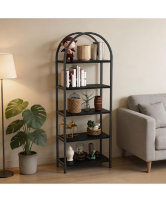 5-Tier Arched Metal Frame Bookshelf, Anti-Tipping Tall Storage Shelf with Adjustable Feet, 30-Minute Fast Assembly Industrial Home Organizer