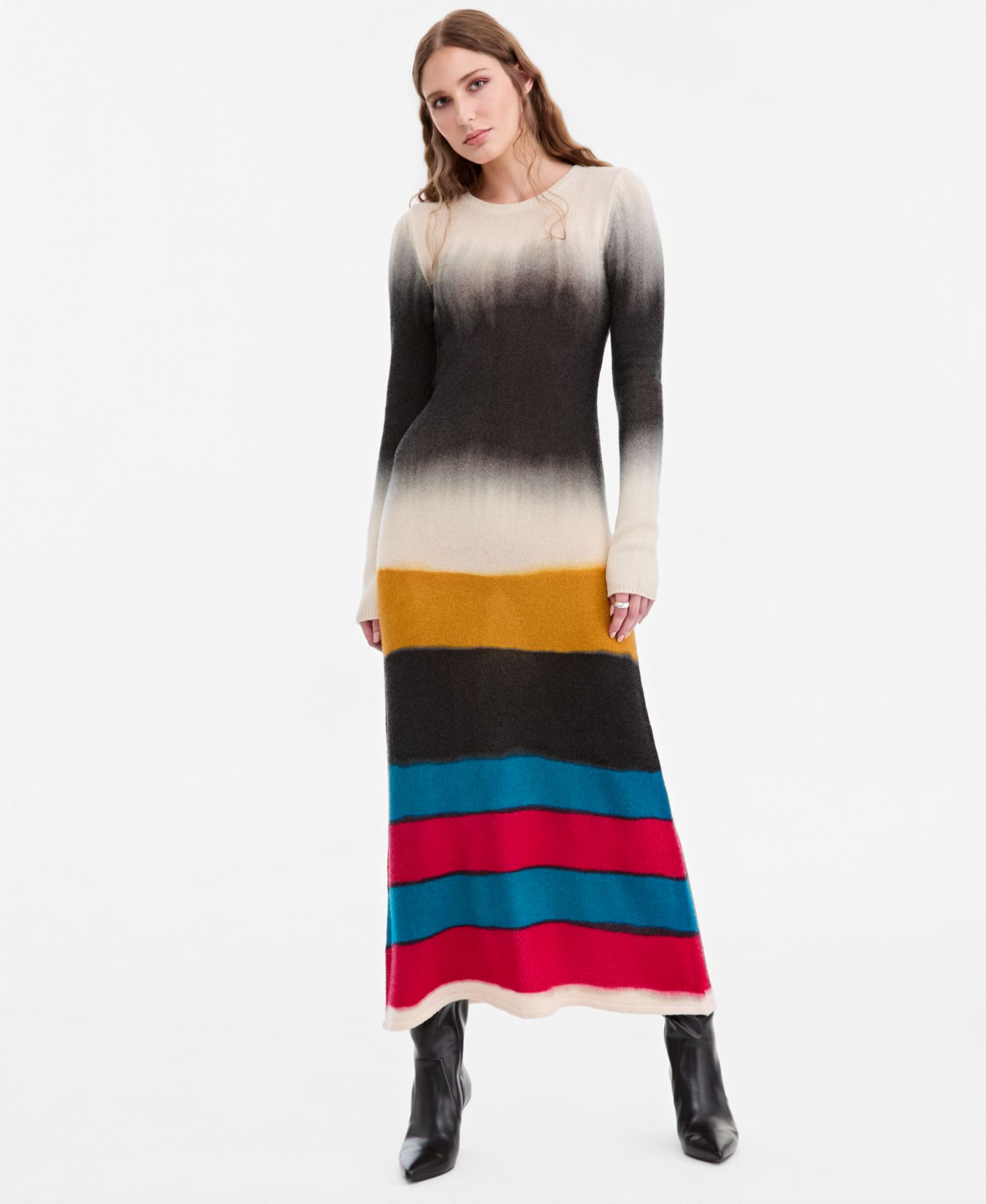 Women's Long-Sleeve Striped Wool-Blend Midi Sweater Dress