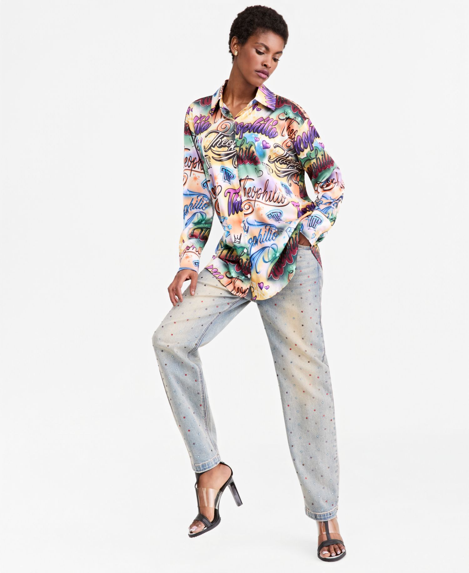 Women's Oversized Graffiti Print Button-Up Shirt