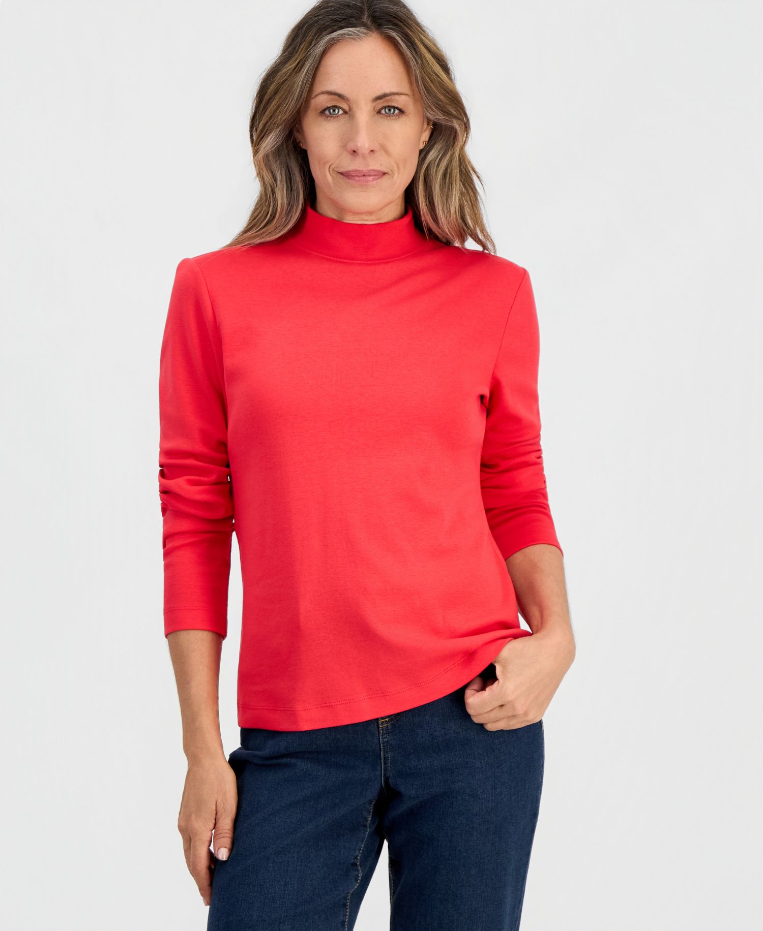 Petite Mock-Neck Cotton Long-Sleeve T-Shirt
