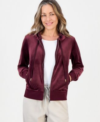 Petite Zip-Front Long-Sleeve Velour Hoodie