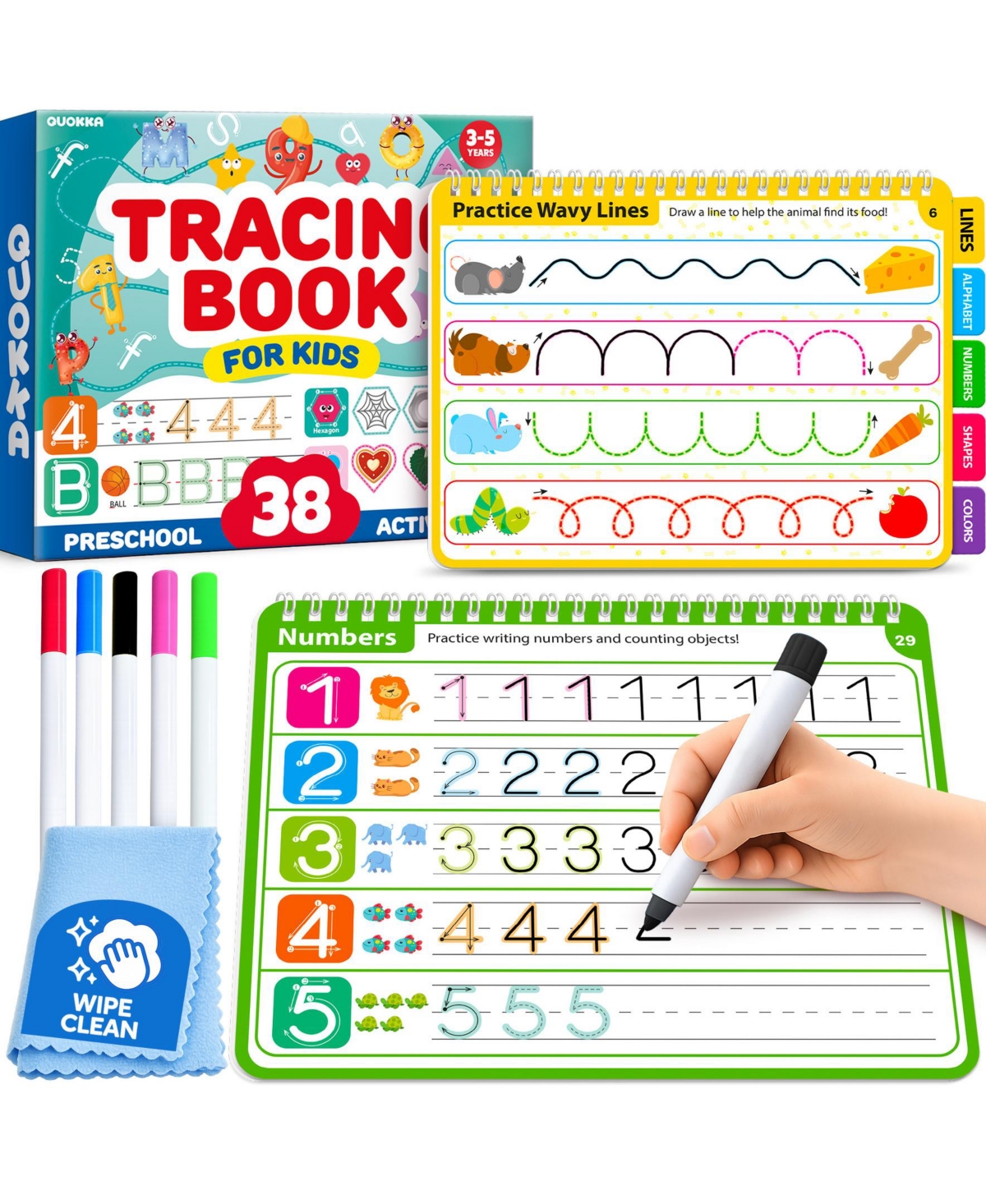 Quokka Tracing Books for Kids Ages 3-5 – Dry Erase Activity Books for Kids Ages 3-5 - Writing Practice Workbook with Markers