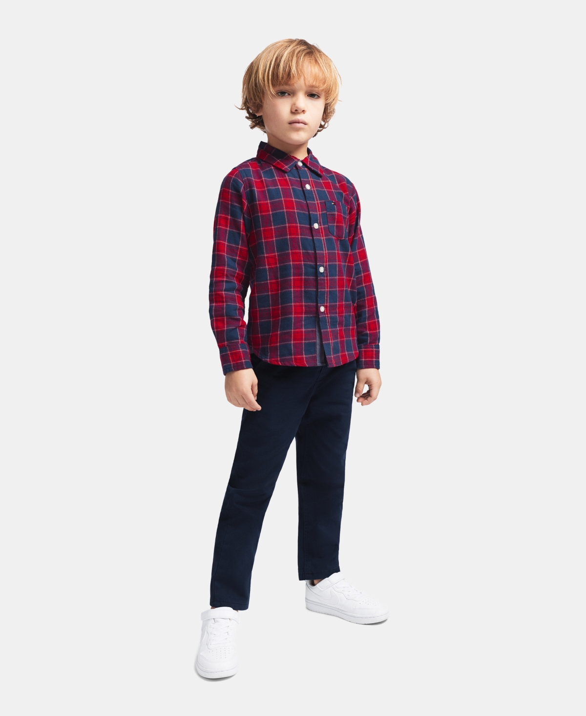 Tommy Hilfiger Toddler Boys' 2T-5T Long-Sleeve Plaid Shirt and Pants, 2-Piece Set - Red Plaid/Navy