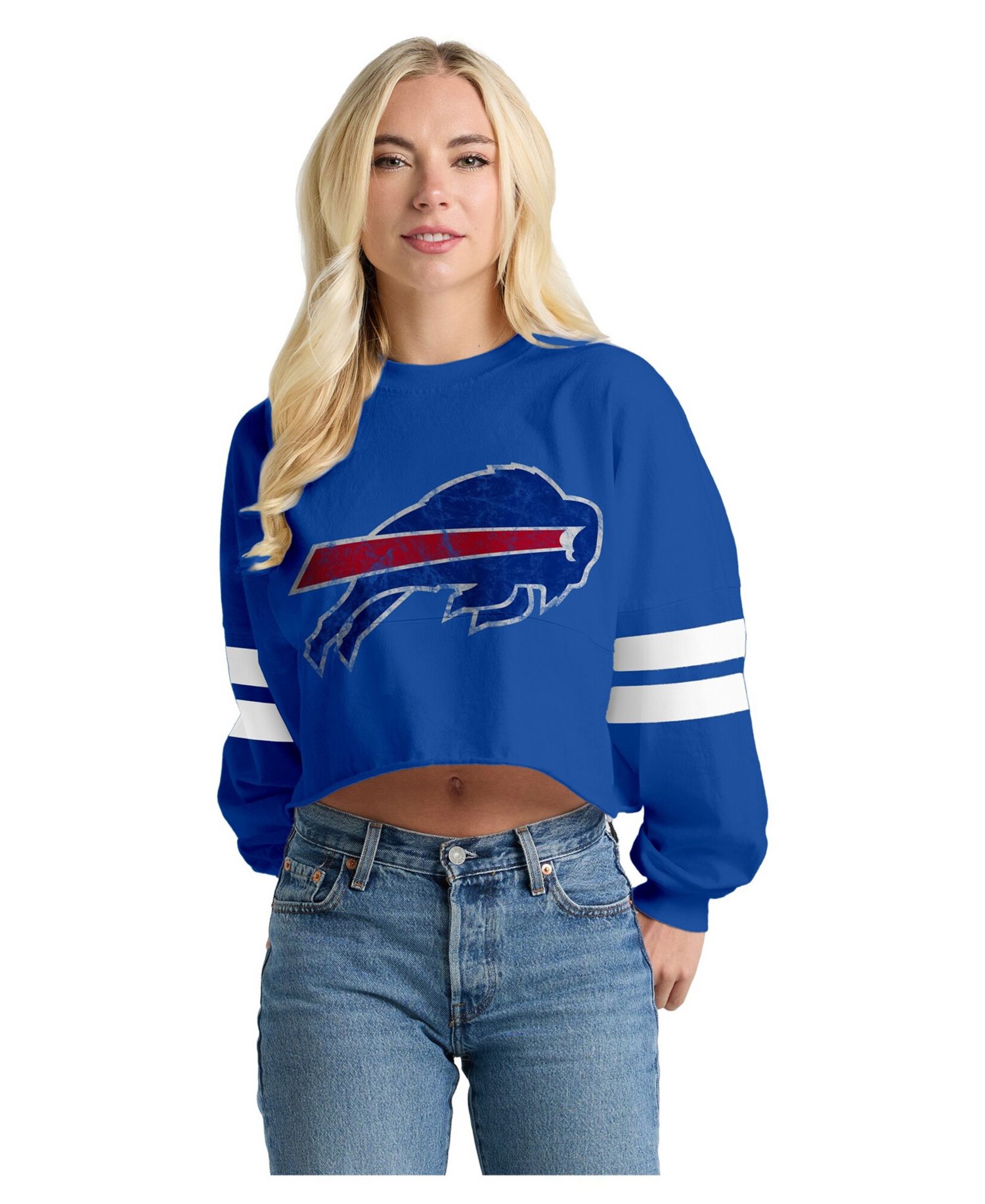 Women's Royal Buffalo Bills Oversized Cropped Stripe Long Sleeve T-Shirt