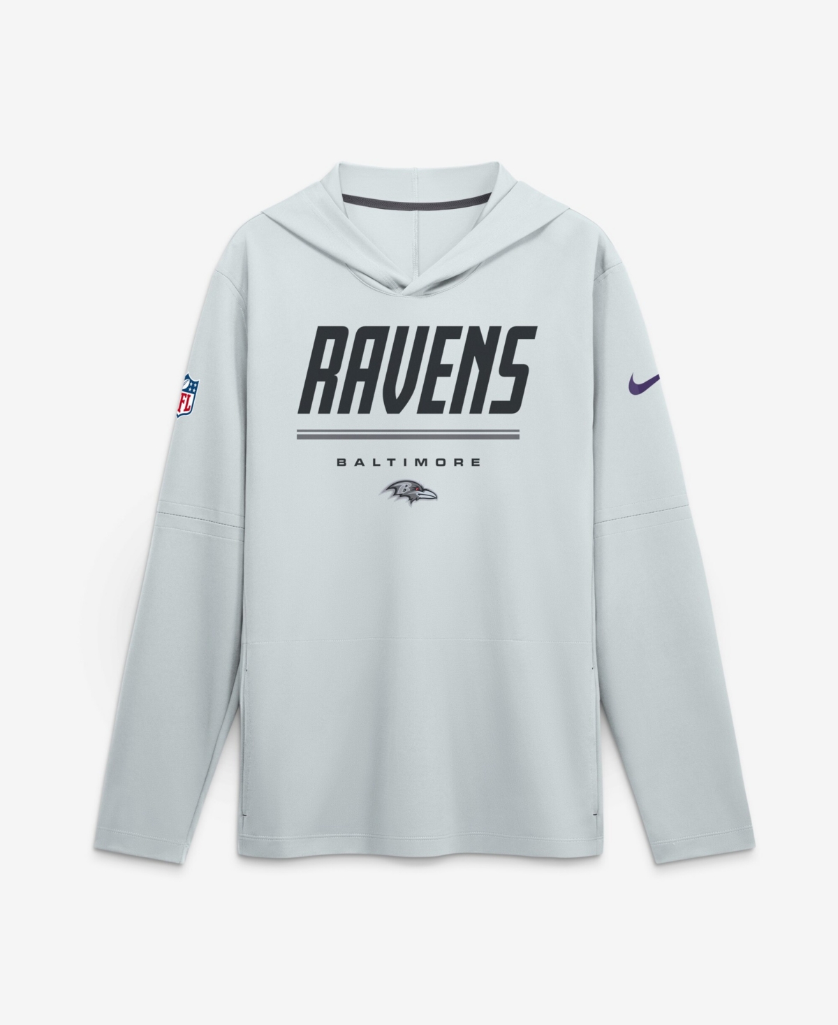 Nike Men's Platinum Baltimore Ravens Sideline Lightweight Long Sleeve Hooded Dri-fit T-Shirt - Platinum, Charcoal