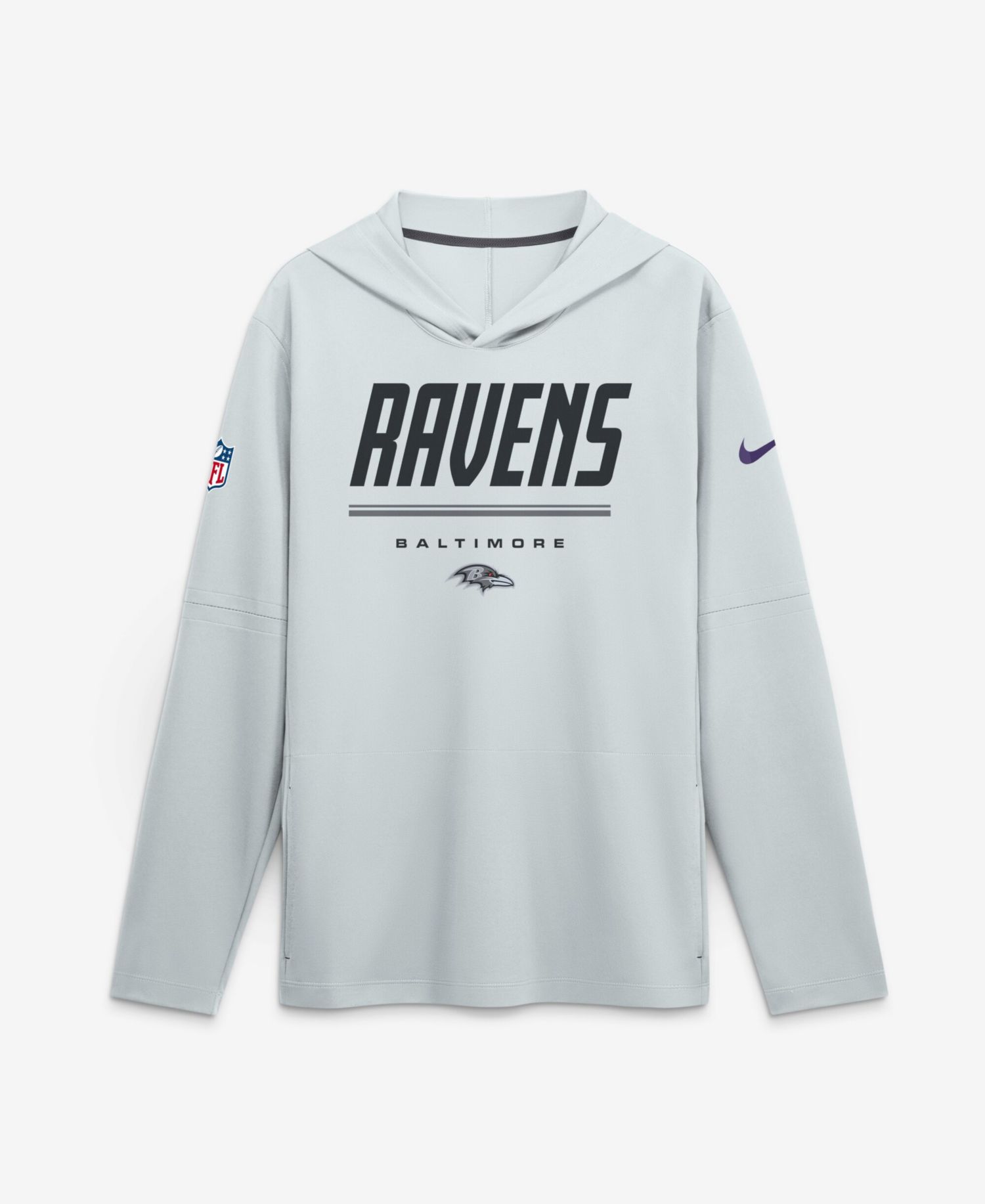 Men's Platinum Baltimore Ravens Sideline Lightweight Long Sleeve Hooded Dri-FIT T-Shirt
