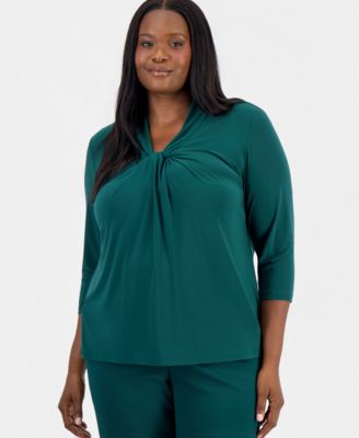 Plus Size Knot-Front 3/4-Sleeve Blouse