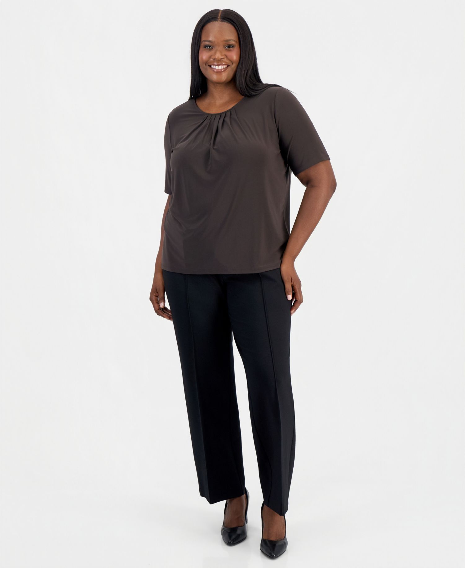 Plus Size Box-Pleat Elbow-Sleeve Blouse