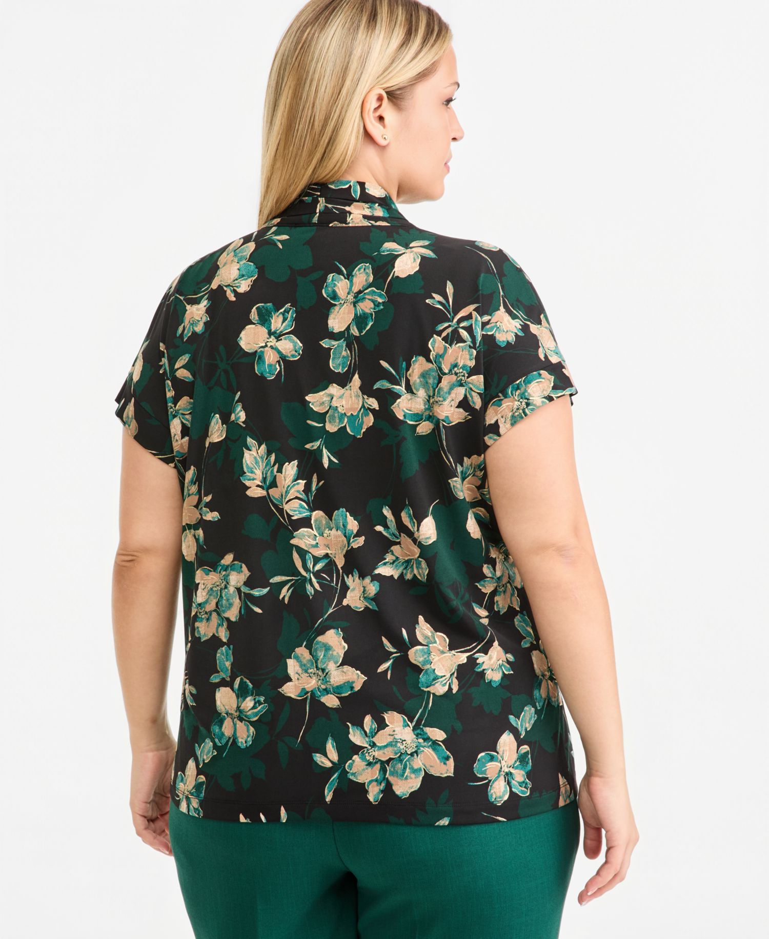 Plus Size Floral Funnel-Neck Cap-Sleeve Blouse