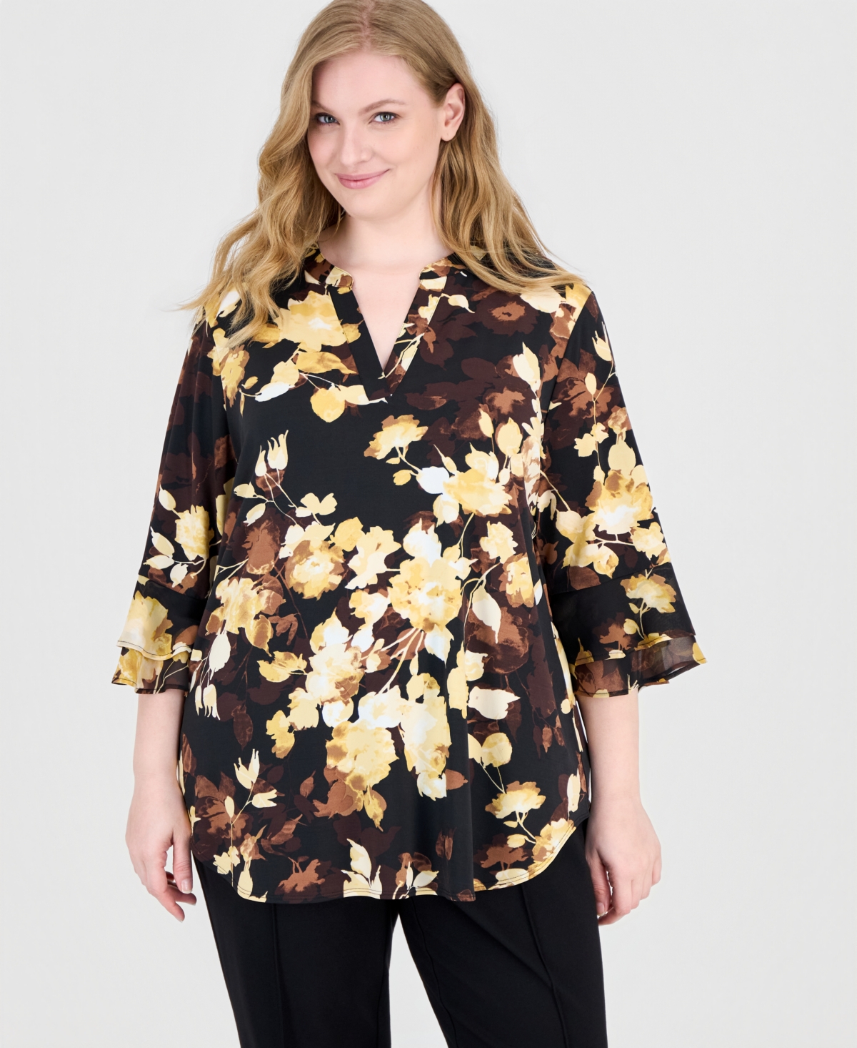 Kasper Plus Size Floral 3/4-length Flutter Sleeves Split-neck Tunic In Black Multi