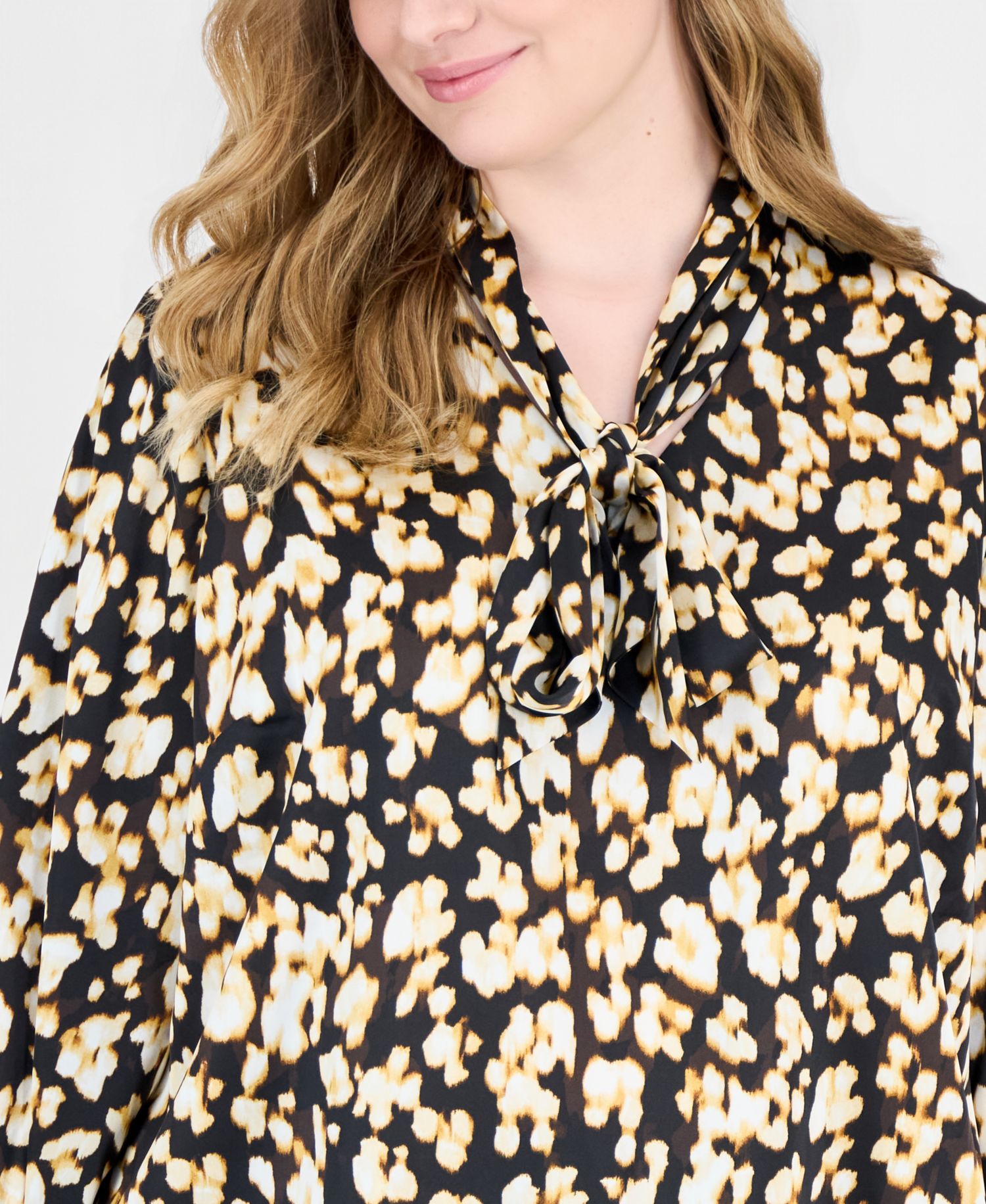 Plus Size Tie Neck Long-Sleeve Animal-Print Blouse
