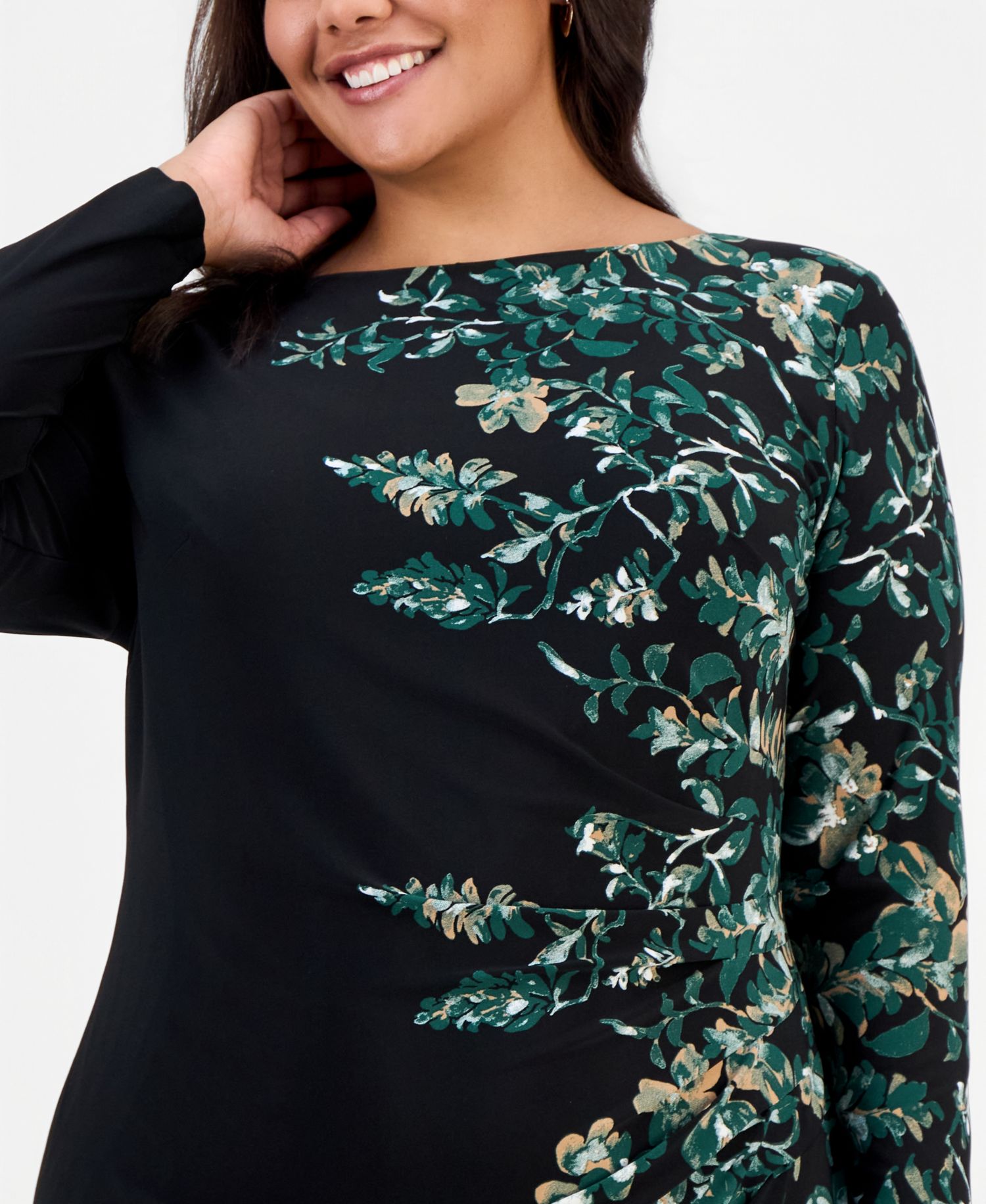 Plus Size Long Sleeve Floral Side Pleat Dress