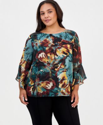 Plus Size 3/4-Sleeve Ruffled Floral-Print Blouse
