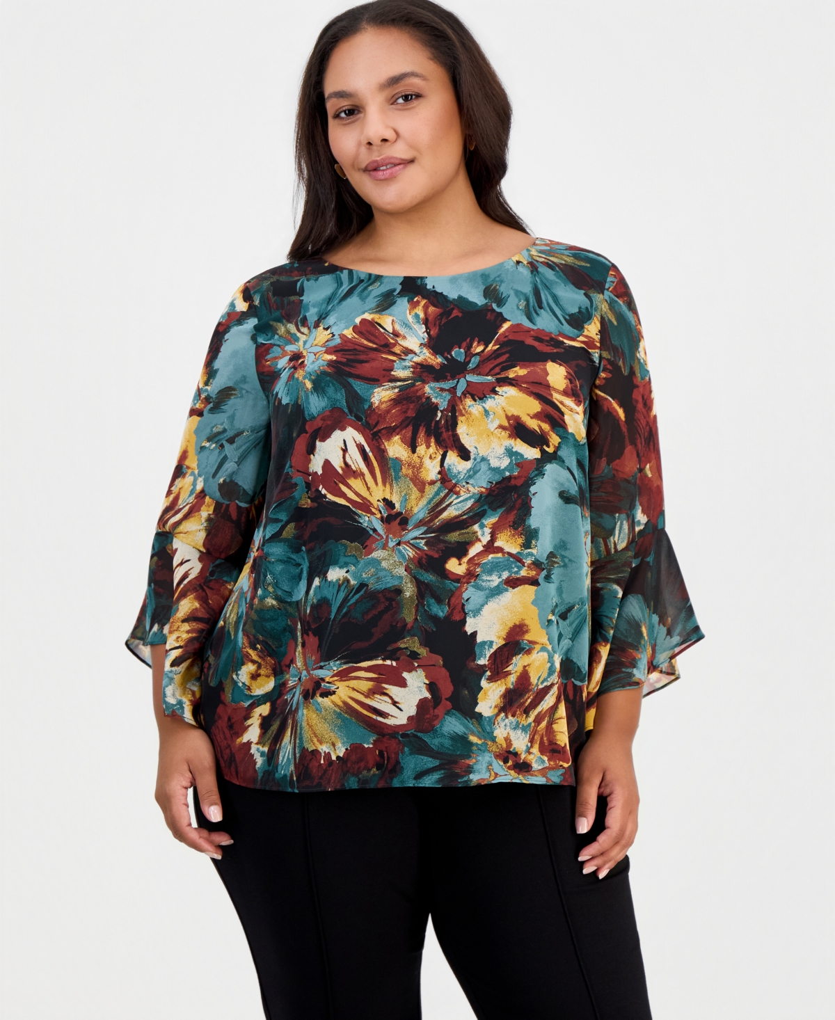 Kasper Plus Size 3/4-sleeve Ruffled Floral-print Blouse In Evergreen Multi