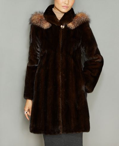 The Fur Vault Fox-Fur-Trim Hooded Mink Fur Coat
