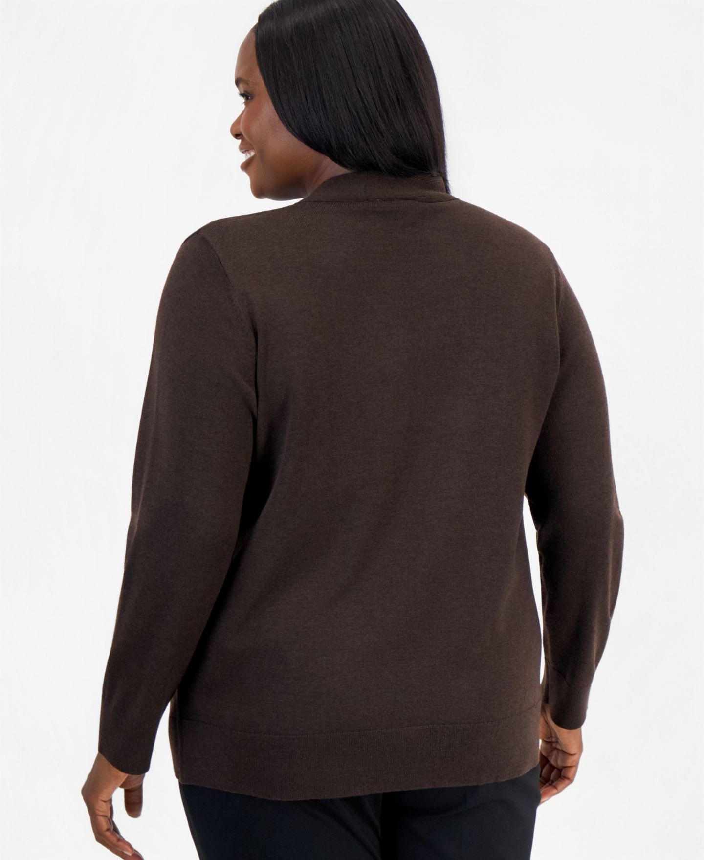 Женский свитер Kasper Plus Size Tie-Neck Pleated-Shoulder, цвет: Насыщенный шоколадный — фото 4