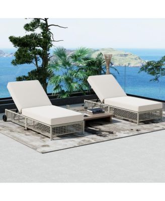 Set of 2 Outdoor Rattan Chaise Lounges with Wheels, 5-Position Adjustable Patio Loungers