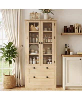 71 Inch Tall Kitchen Pantry Cabinet with Glass Doors, 2 Drawers and Adjustable Shelves