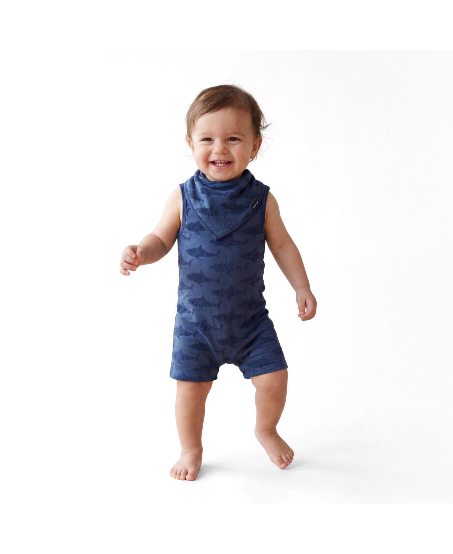 Infant Boys (size 3-6M to 18 - 24M ) Reverse Shark Jacquard Romper and Bib Set