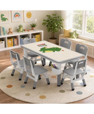 Kids Table and 6 Chairs Set, Height Adjustable Toddler Set, Graffiti Desktop, Study Table for 6 for Home Daycare Preschool Ages 2-10