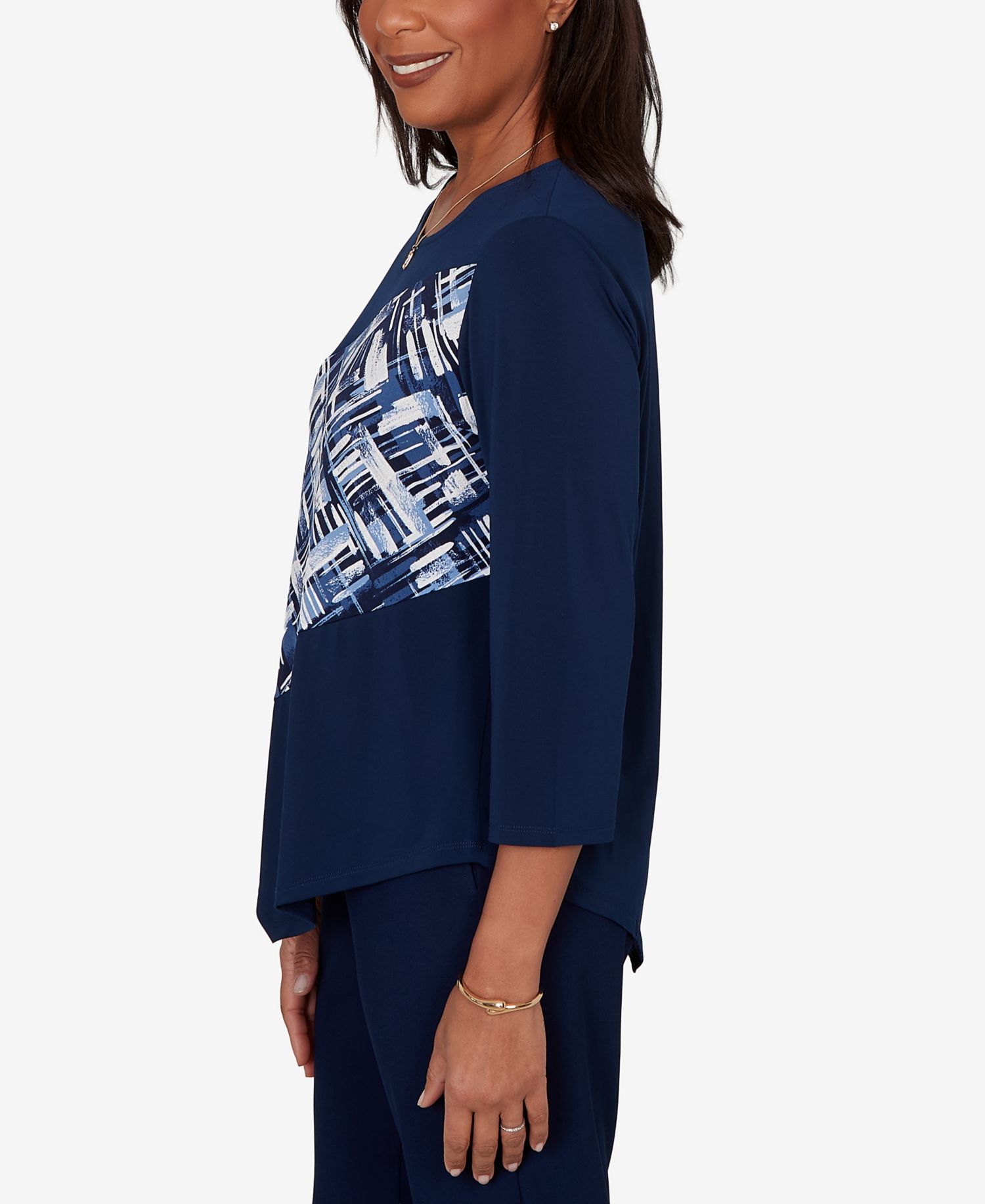Petite Etched Plaid Diagonal Puff Printed Top