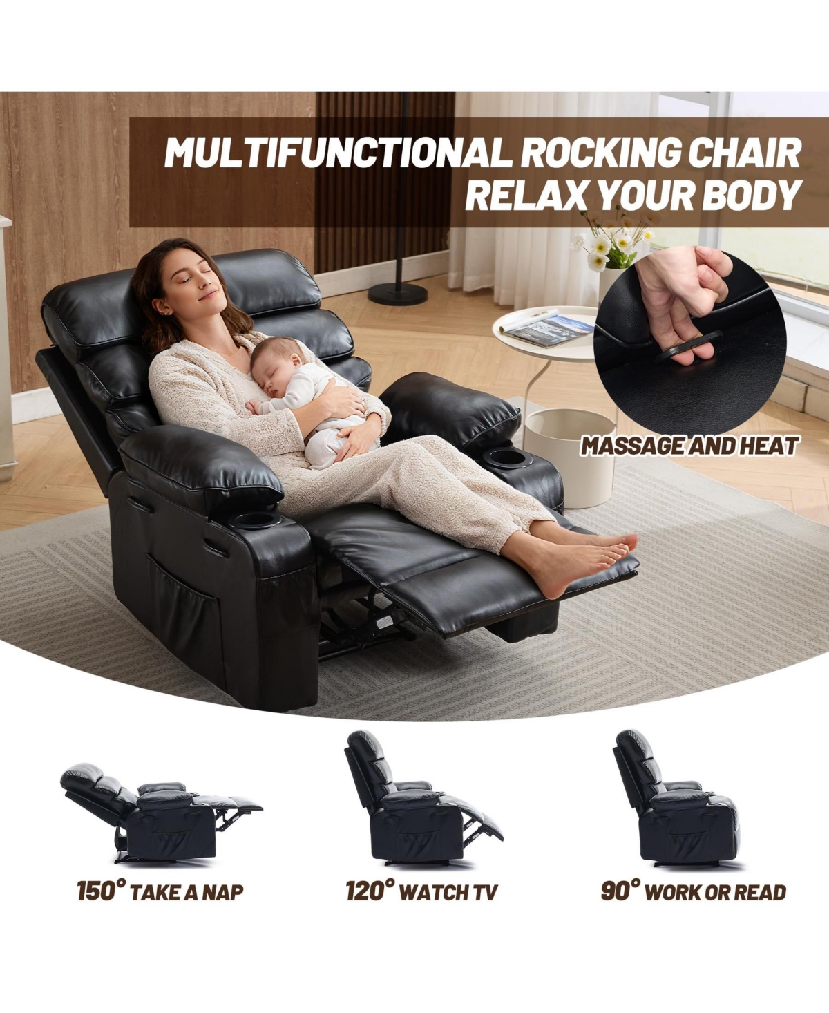 homfan Extra Wide Pu Leather Manual Recliner for Adults with Massage and Heat, Large Leisure Chair Plush Sponge Padded Arms Back