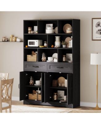 71 Inch Tall Bookcase with 8 Open Cubbies, 2 Drawers and 4 Doors, 6-Tier Wood Display Cabinet for Living Room and Office