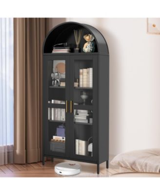 73" Arched Glass Door Storage Cabinet - Metal Kitchen Pantry with 2 Adjustable Shelves, Modern Cupboard for Living Room and Dining Room