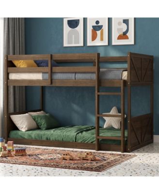 Twin over Twin Floor Bunk Bed with Panelled Headboard, Solid Rubber Wood Foundation