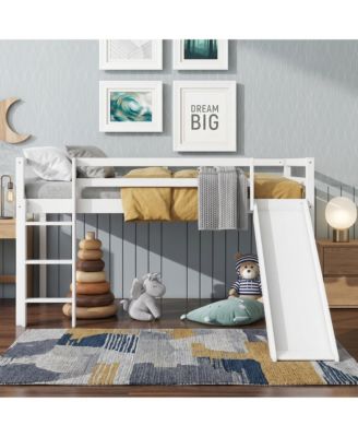 Twin Low Loft Bed with Slide, Ladder, Safety Guardrails, Rubber Wood Twin Loft Bed