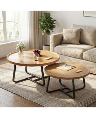 Mid Century Modern Round Nesting Coffee Table Set, 2-Piece Fluted Wood Tables, Metal Frame, Easy Assembly, Ideal for Living Room, Bedroom