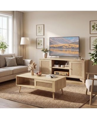 Living Room Table Set of 2 - 62" Rattan TV Stand Storage Cabinet for 65" TV and Farmhouse Coffee Table with Storage Shelf